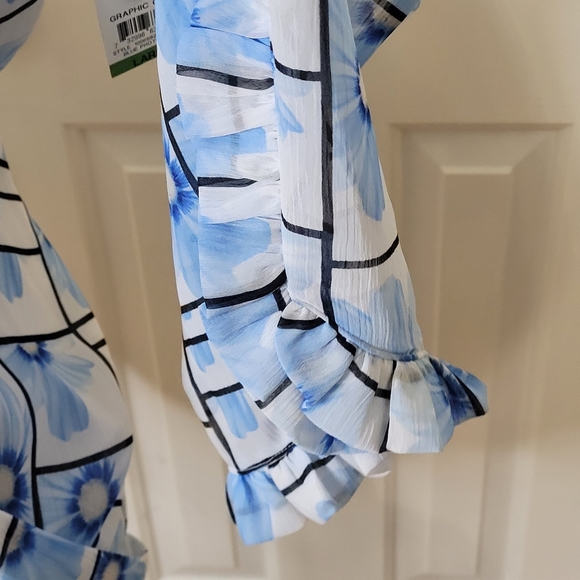 Alfani Women's Faux Wrap Floral Scalloped Sleeves Blouse Top Blue/White Size L - Picture 7 of 13